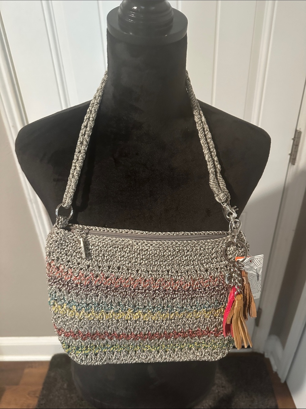 Woven Multicolor Stripe Shoulder Bag with Tassel Charm